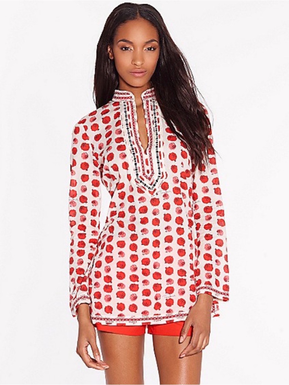 Tory Burch White Tunic with Red Dot Print and Embroidered Placket